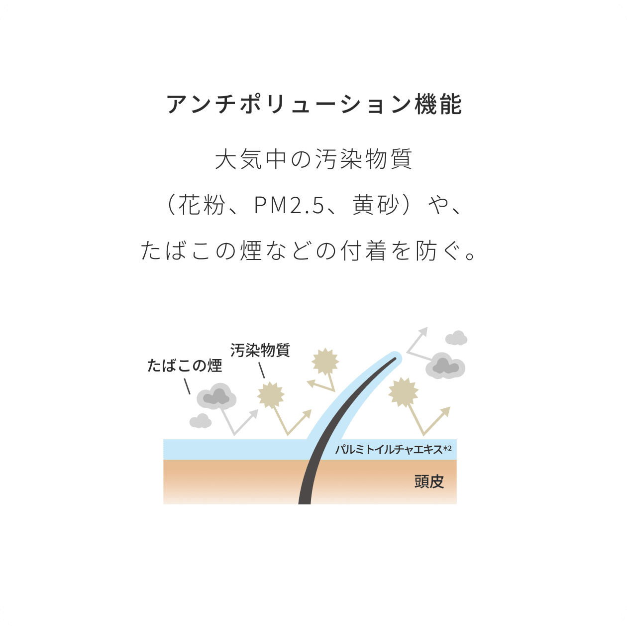 アンチポリューション機能 大気中の汚染物質（花粉、PM2.5、黄砂）や、たばこの煙などの付着を防ぐ。